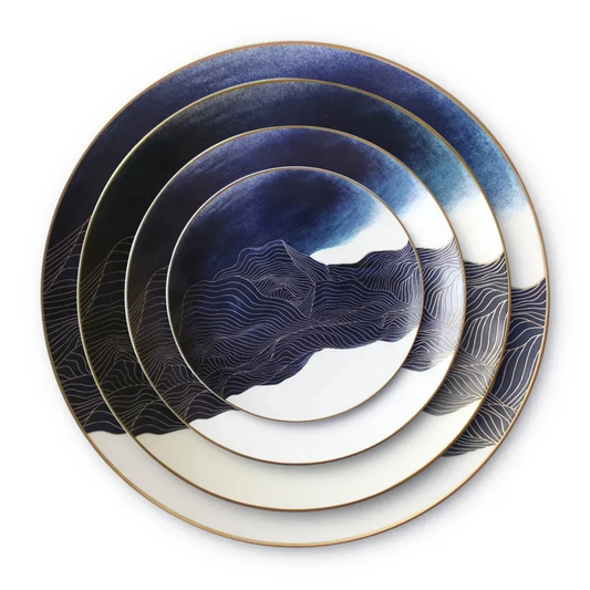 Luxuriöses Blau-Marmor Bone China Geschirrset mit Goldrand