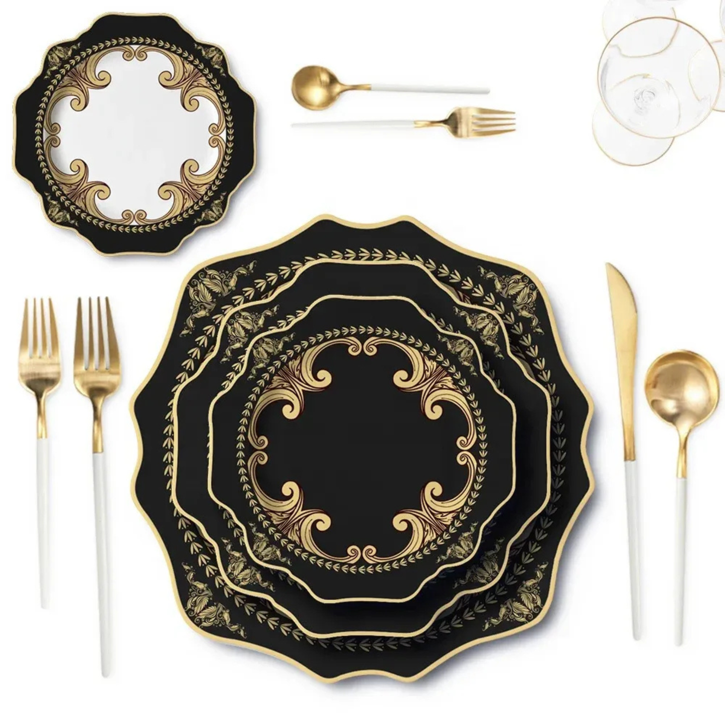 Luxuriöses Schwarz-Gold Sonnenblumen Bone China Geschirrset