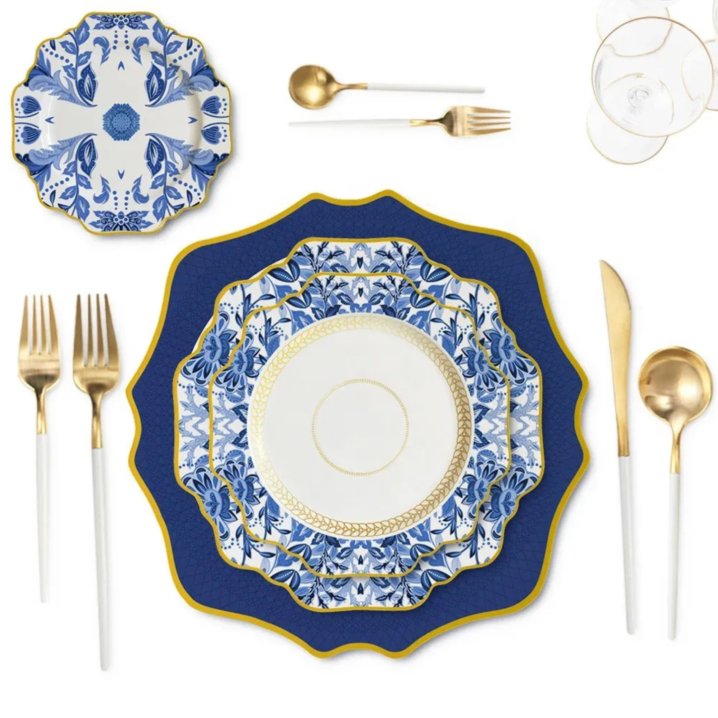 Exquisites Luxus Blau Blumengeschirr mit Goldrand