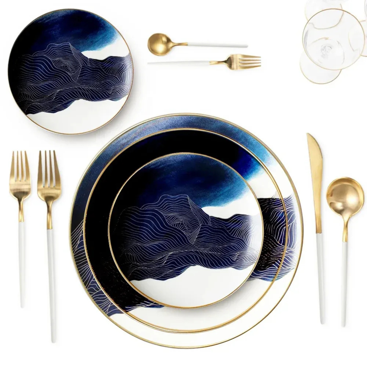 Luxuriöses Blau-Marmor Bone China Geschirrset mit Goldrand
