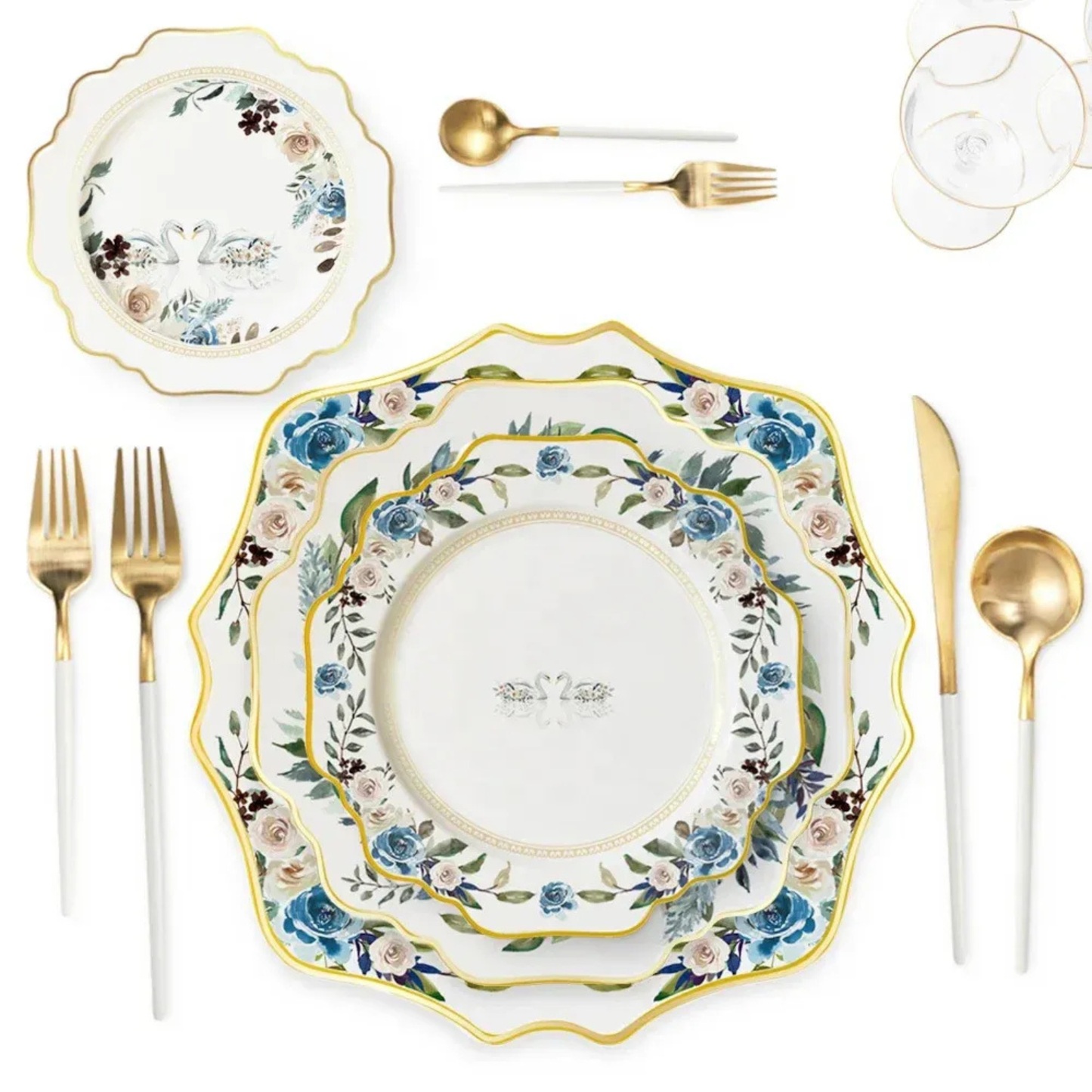 Exquisites Blumengeschirr Set – Bone China Goldrand Luxus