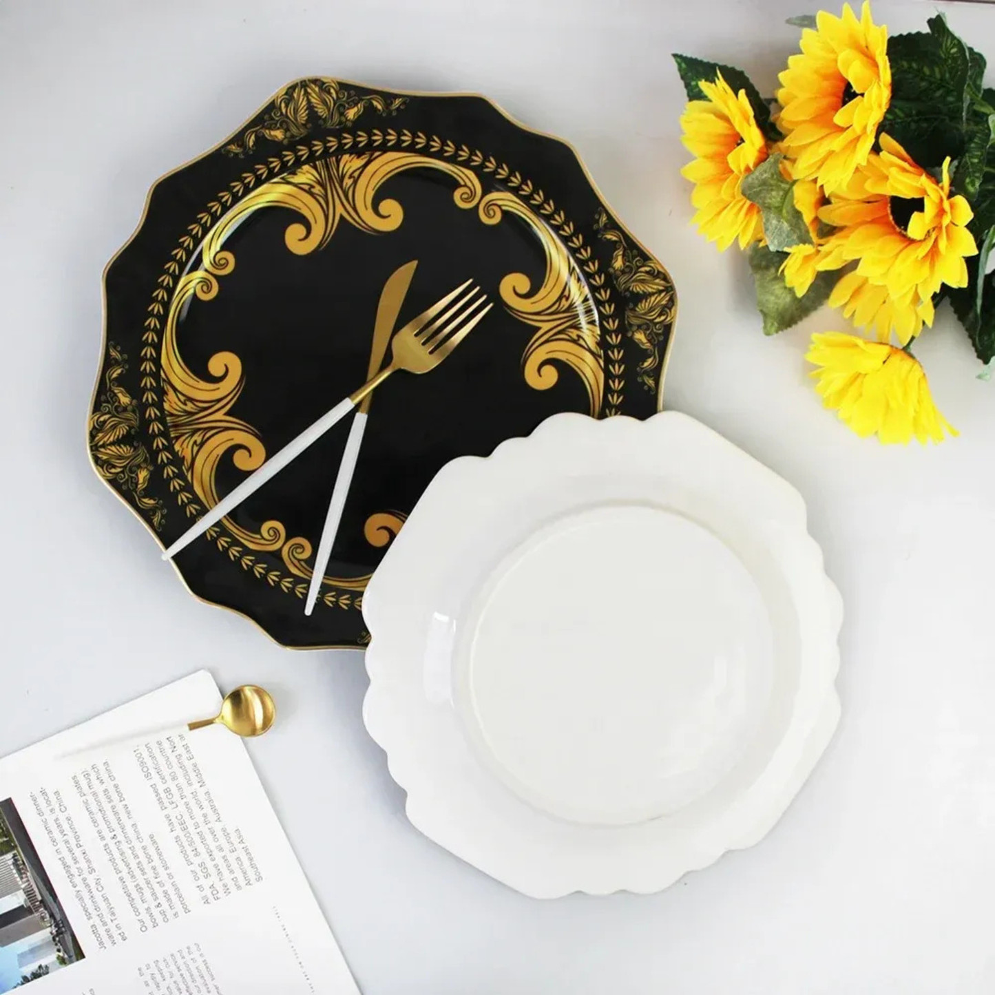 Luxuriöses Schwarz-Gold Sonnenblumen Bone China Geschirrset