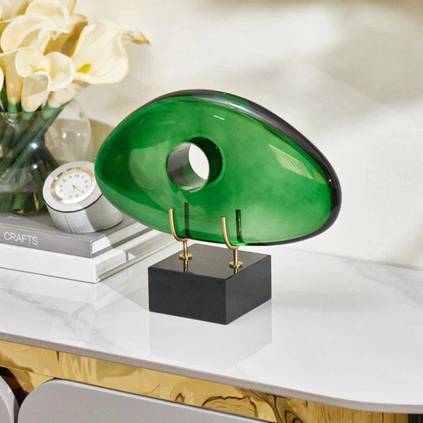 Luxuriöse grüne Desktop-Skulptur – Kristall & Marmor