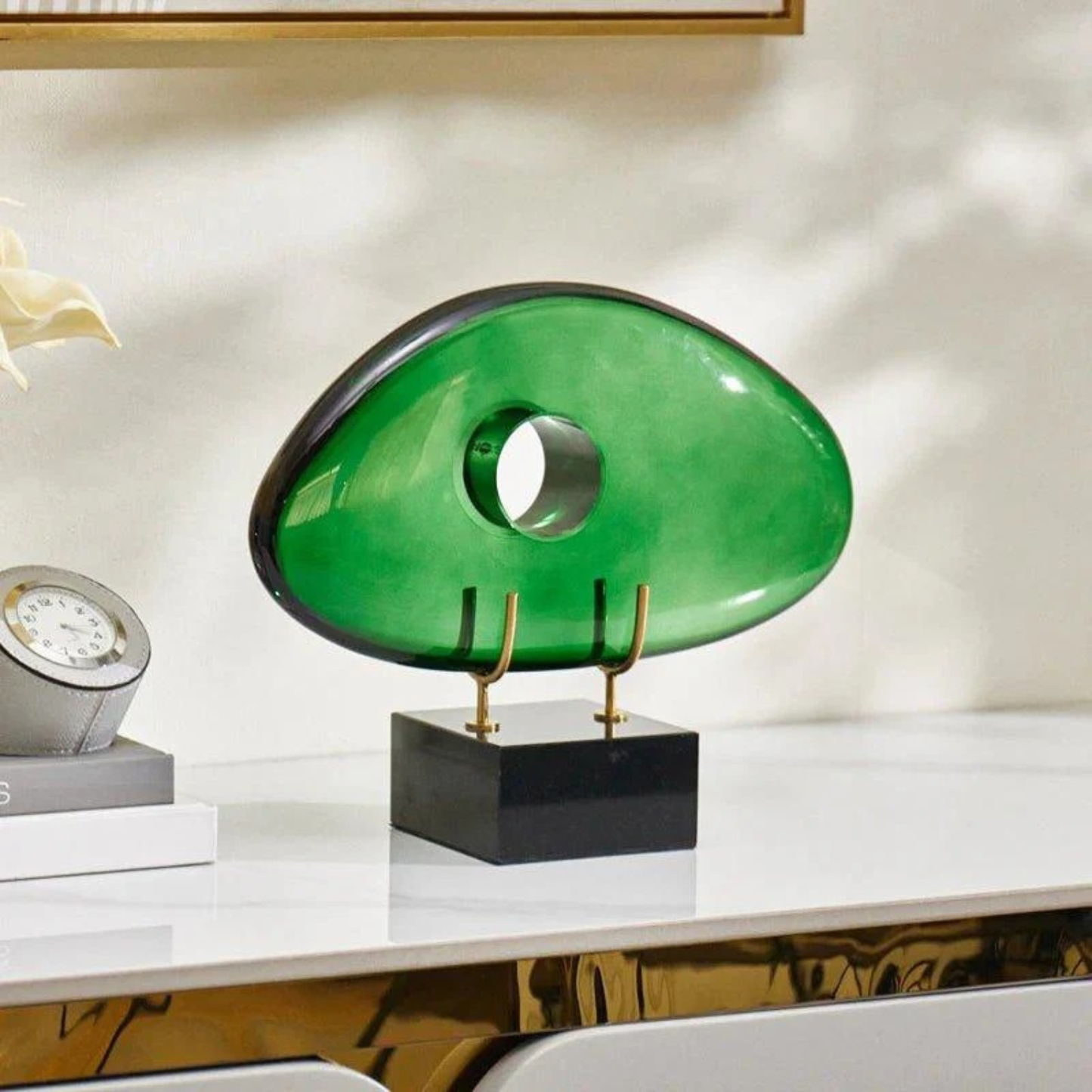 Luxuriöse grüne Desktop-Skulptur – Kristall & Marmor