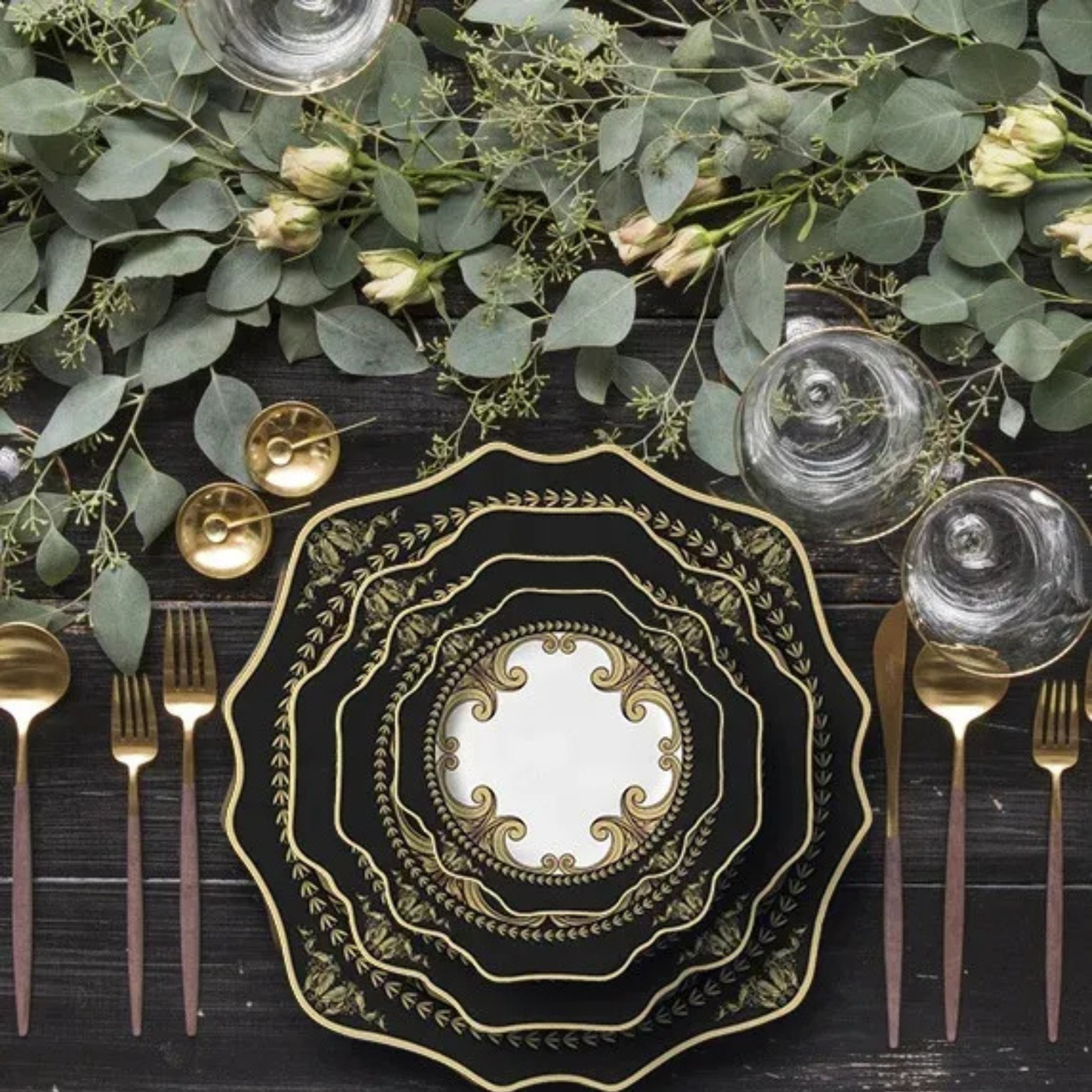 Luxuriöses Schwarz-Gold Sonnenblumen Bone China Geschirrset