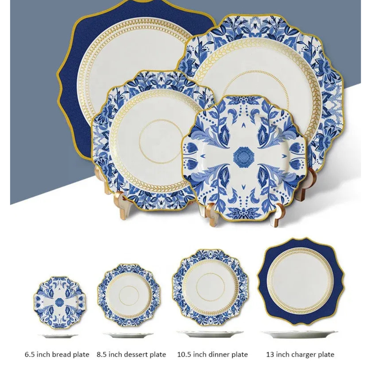 Exquisites Luxus Blau Blumengeschirr mit Goldrand