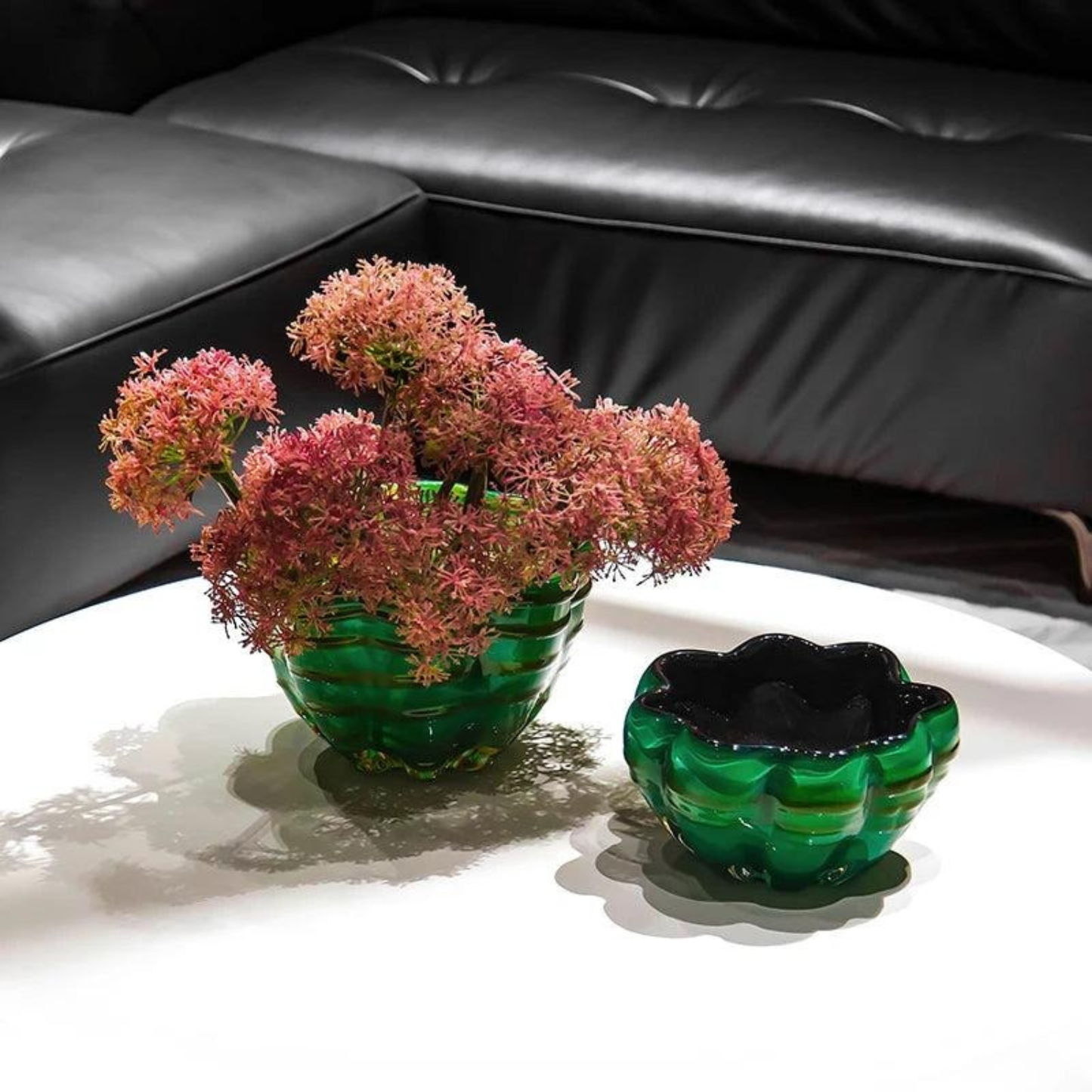 2er Set Luxus Wellenförmige Grüne Glas Schalen