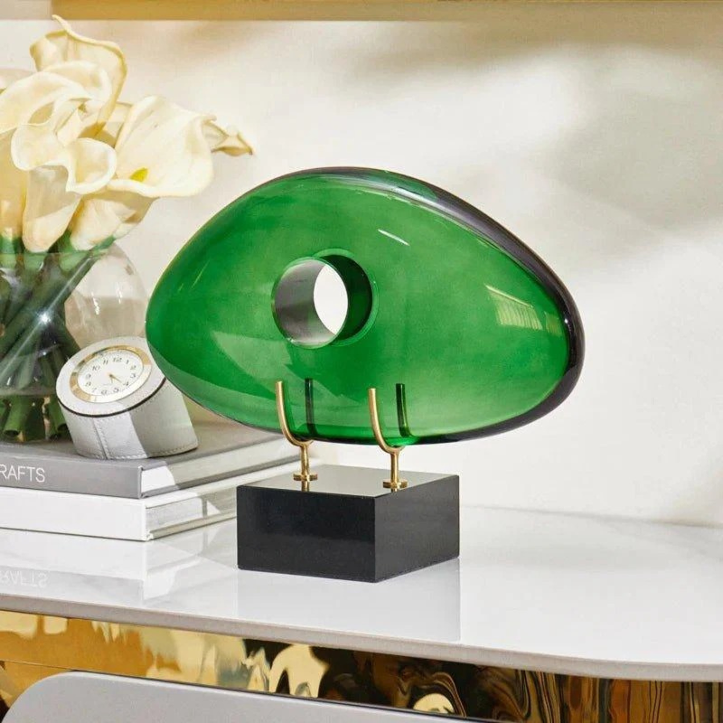 Luxuriöse grüne Desktop-Skulptur – Kristall & Marmor