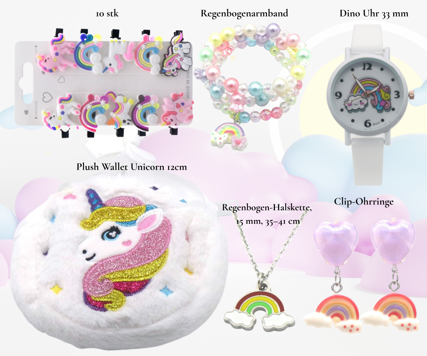 Einhorn Geschenkset Mädchen – Uhr, Schmuck & Haaraccessoires Box