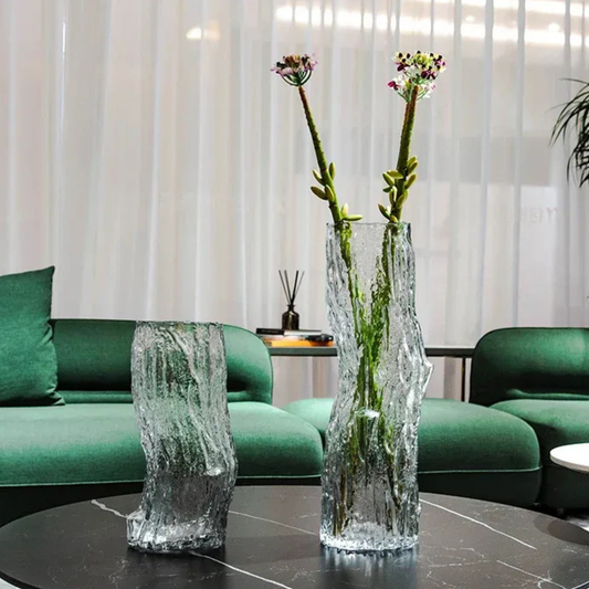 Moderne Baum-Glasvase – Rindenstruktur, transparent, bodenstehend