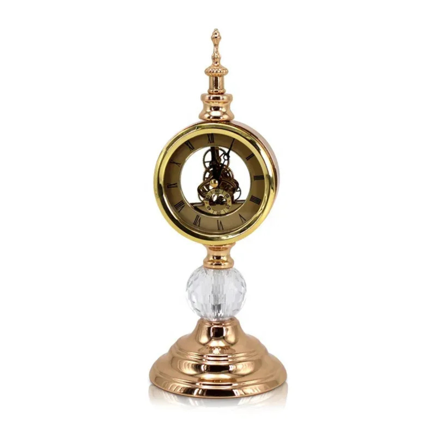 Decorative clock with gold and crystal design on a white background