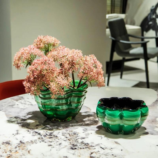 2er Set Luxus Wellenförmige Grüne Glas Schalen