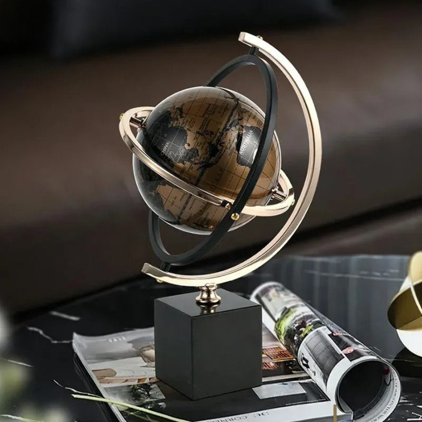 Luxuriöser Schwarz Gold Globus mit Marmor Sockel
