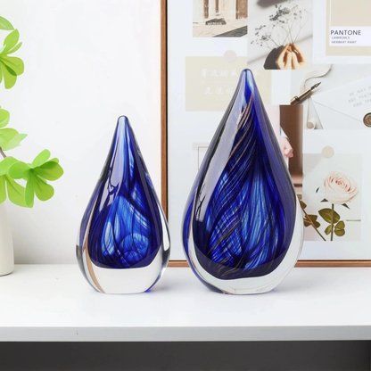 Set aus 2 Handgeblasenen Blauen Teardrop Glaskunst Skulpturen