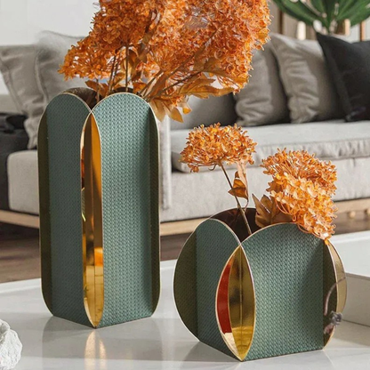 Luxus 2er Set Grün Gold Leder Metallvasen