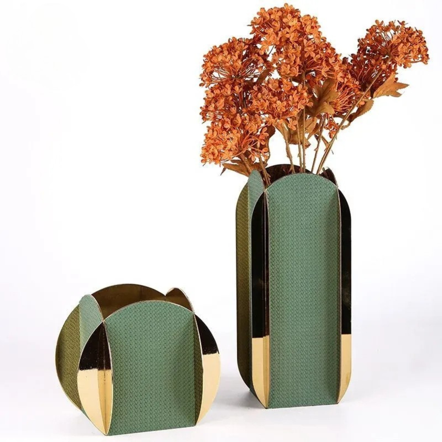 Luxus 2er Set Grün Gold Leder Metallvasen