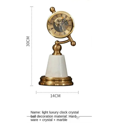 Luxus Tischuhr mit Kristallkugel und Marmor Sockel in Gold 30cm