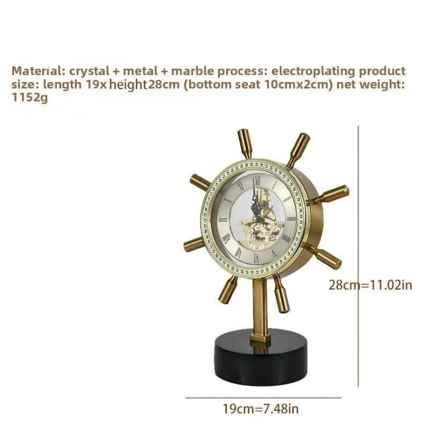 Goldene nautische Tischuhr aus Kristall, Metall und Marmor