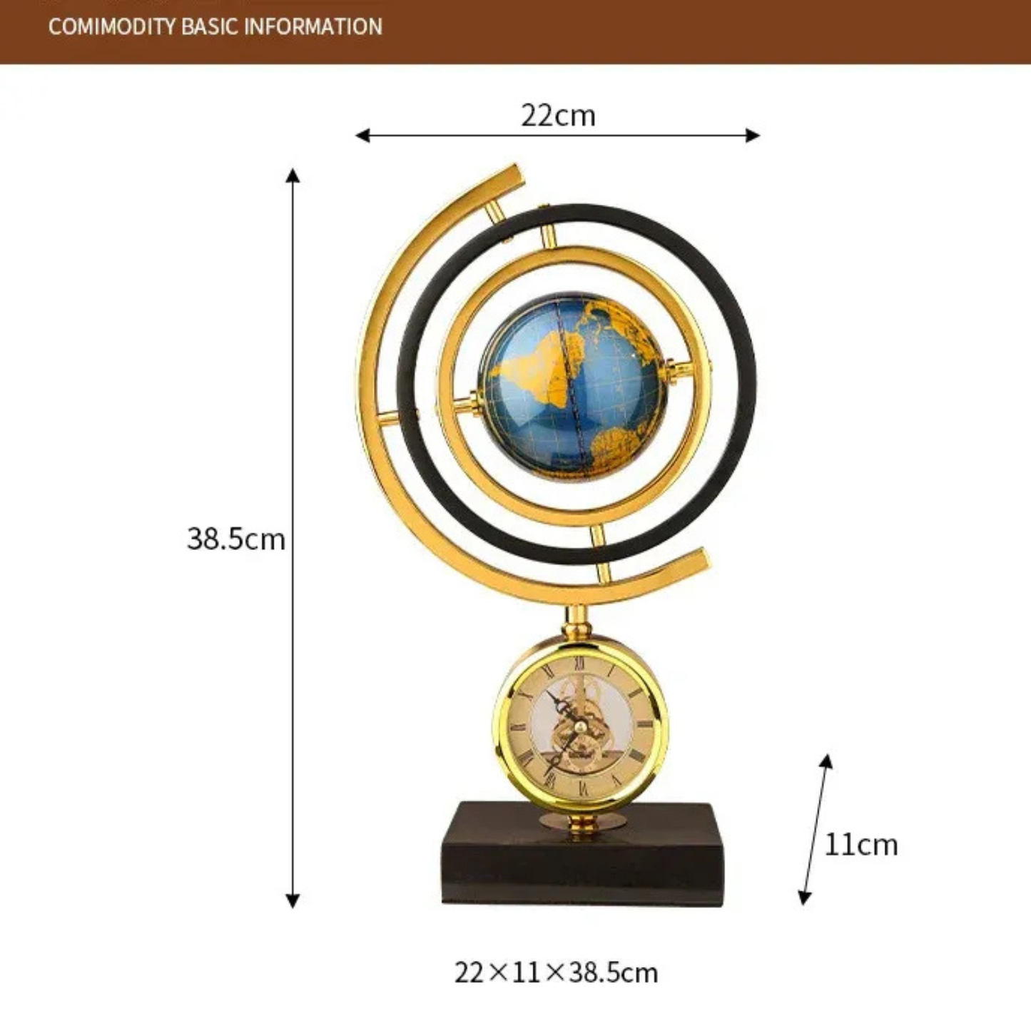 Goldene Globus-Uhr mit Marmorsockel – Luxus Dekoration