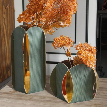 Luxus 2er Set Grün Gold Leder Metallvasen