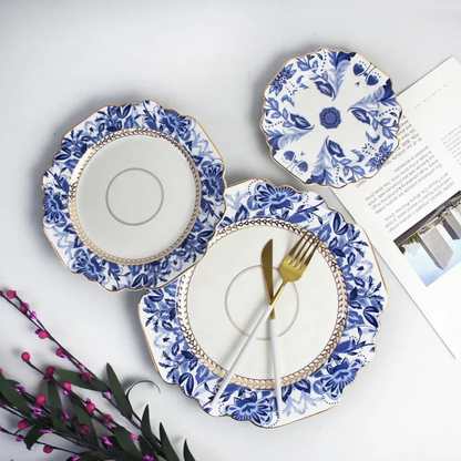 Exquisites Luxus Blau Blumengeschirr mit Goldrand