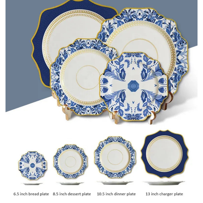 Exquisites Luxus Blau Blumengeschirr mit Goldrand