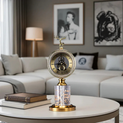 Luxuriöse Goldene Hirschkopf-Tischuhr mit Marmorsockel