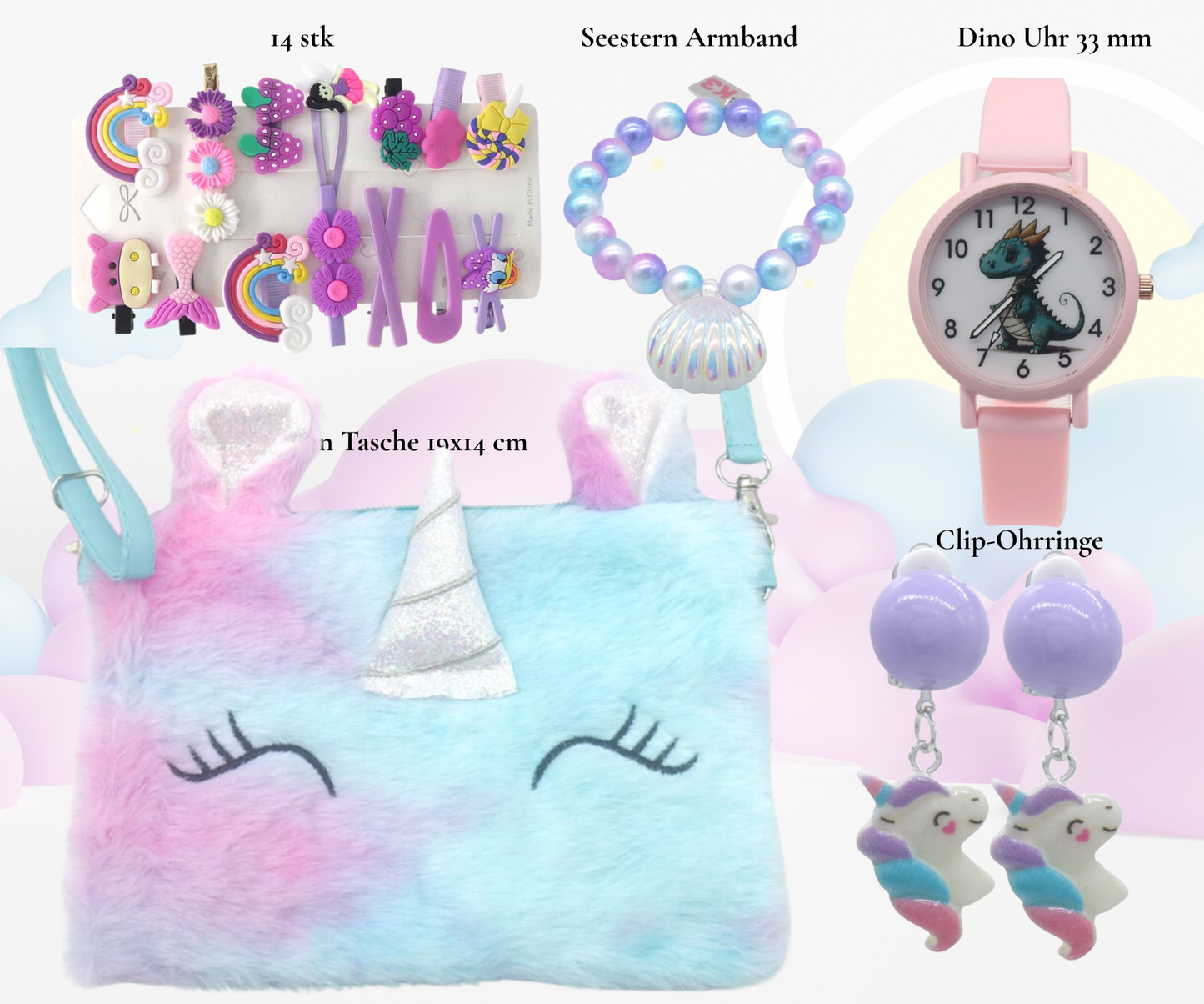 Unicorn Dreams Geschenkset Mädchen – Tasche, Uhr, Haarschmuck & Schmuck