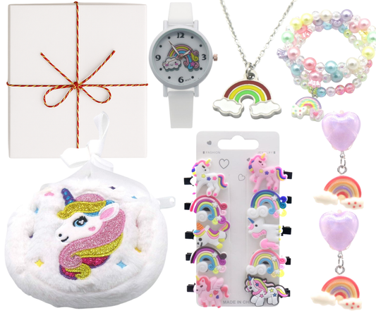 Einhorn Geschenkset Mädchen – Uhr, Schmuck & Haaraccessoires Box
