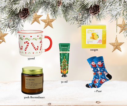 Limited Weihnachts Geschenkset – Tasse, Socken, Kerze, Creme & Seife